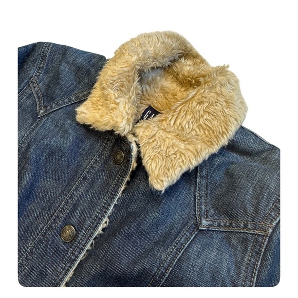 Gap women’s vintage faux fur long denim blue jean chore coat barn coat small - Picture 4 of 10